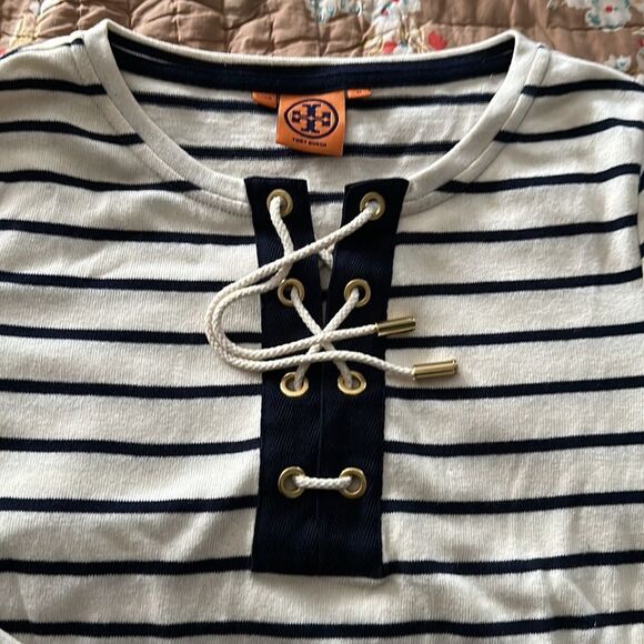 Tory Burch drawstring jersey-style, striped top. - Picture 3 of 5